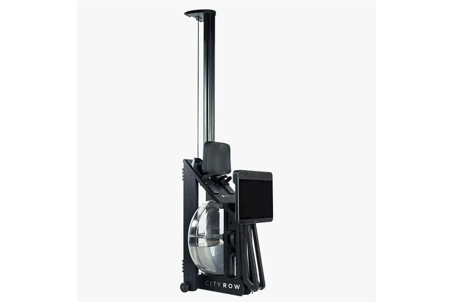 Black CityRow Max rowing machine with tall vertical rail, digital monitor, and water resistance tank on white background