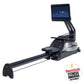 Black CityRow Max rowing machine with digital touchscreen display, adjustable footrest, and water resistance tank on white ba