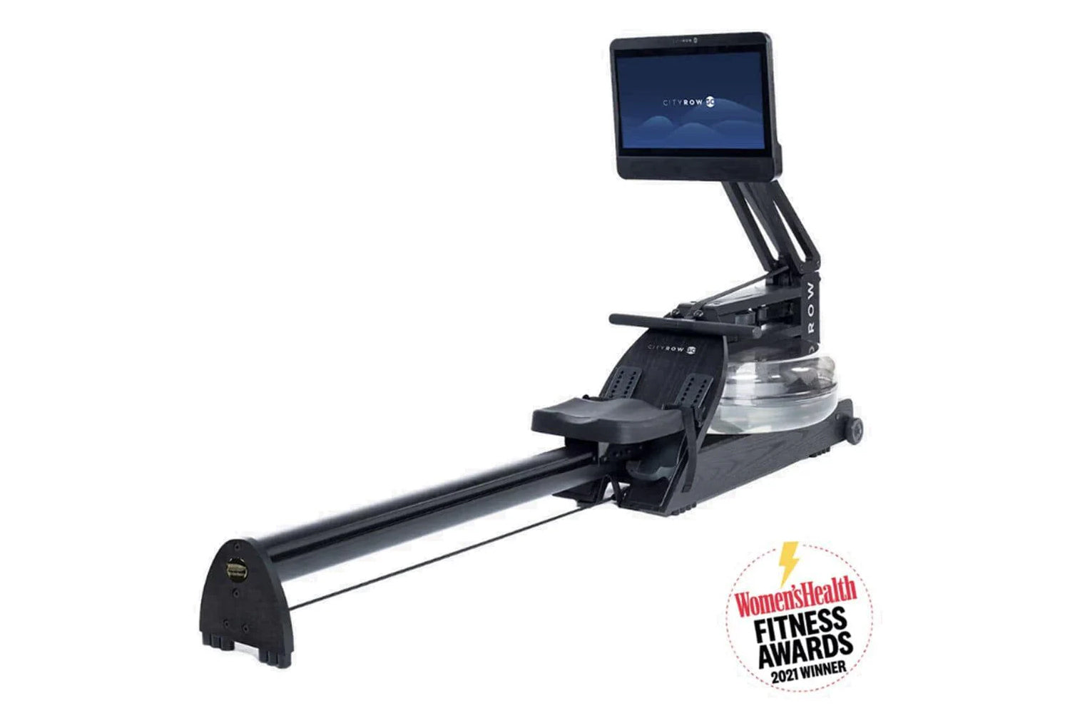 Black CityRow Max rowing machine with digital touchscreen display, adjustable footrest, and water resistance tank on white ba