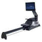 Black CityRow Max rowing machine with digital touchscreen monitor, adjustable arm support, and extended rail on white backgro