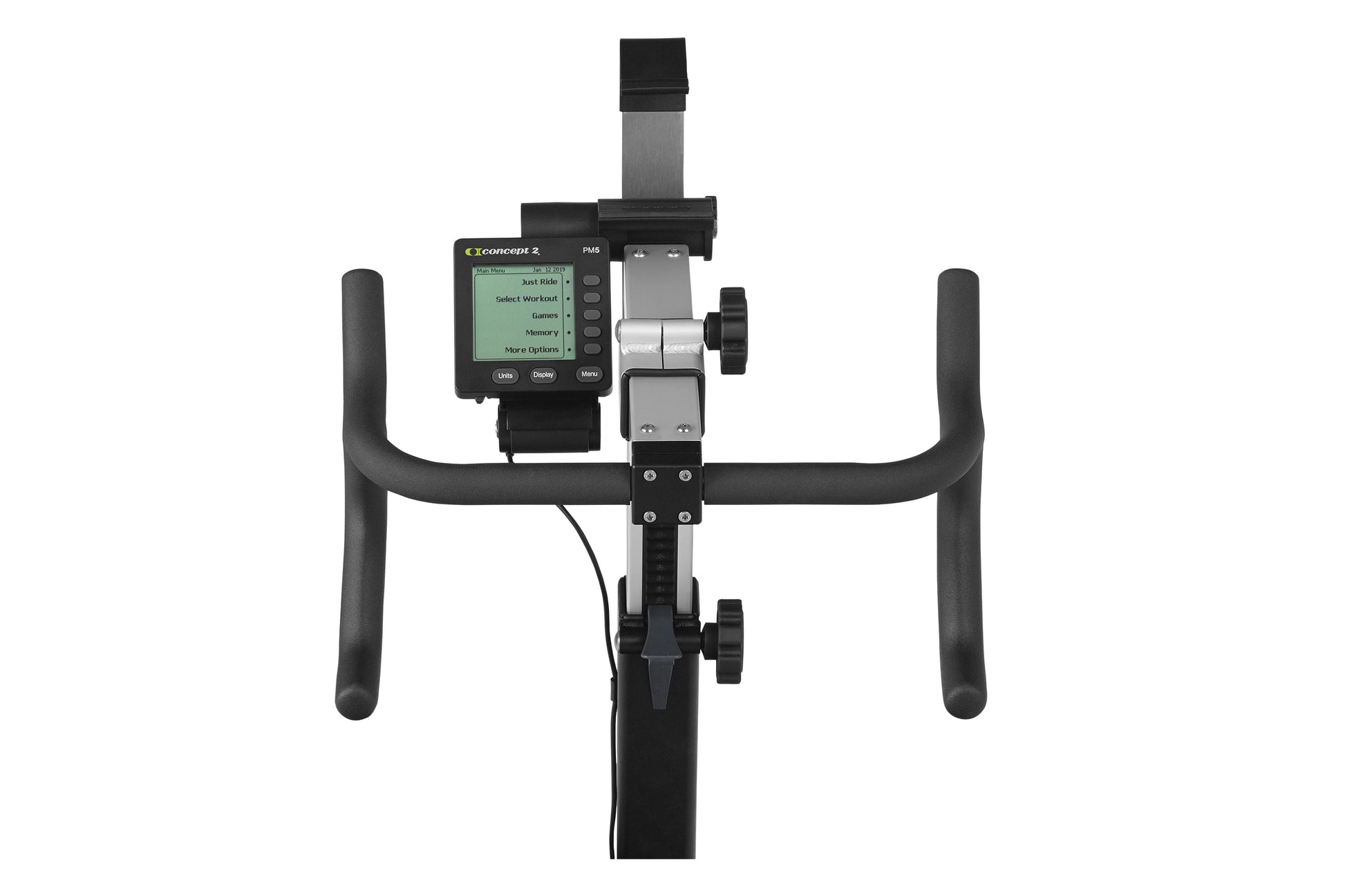 Concept2 BikeErg stationary exercise bike with black frame, curved handlebars, and digital monitor display, front view on whi