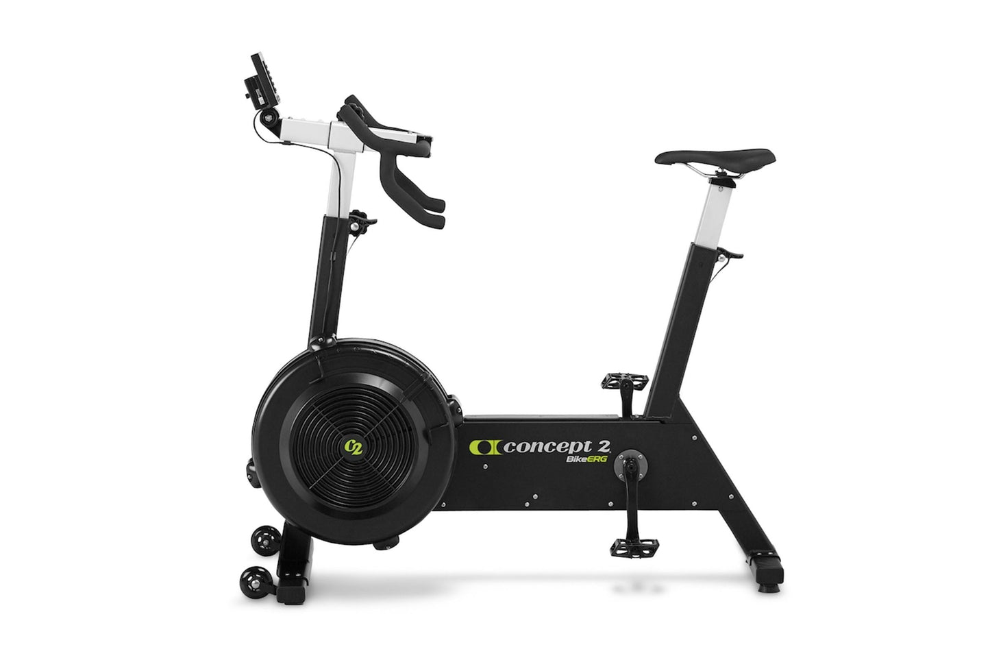 Concept2 BikeErg stationary exercise bike with black frame, white handlebar stem, drop-style handlebars, black seat, and larg