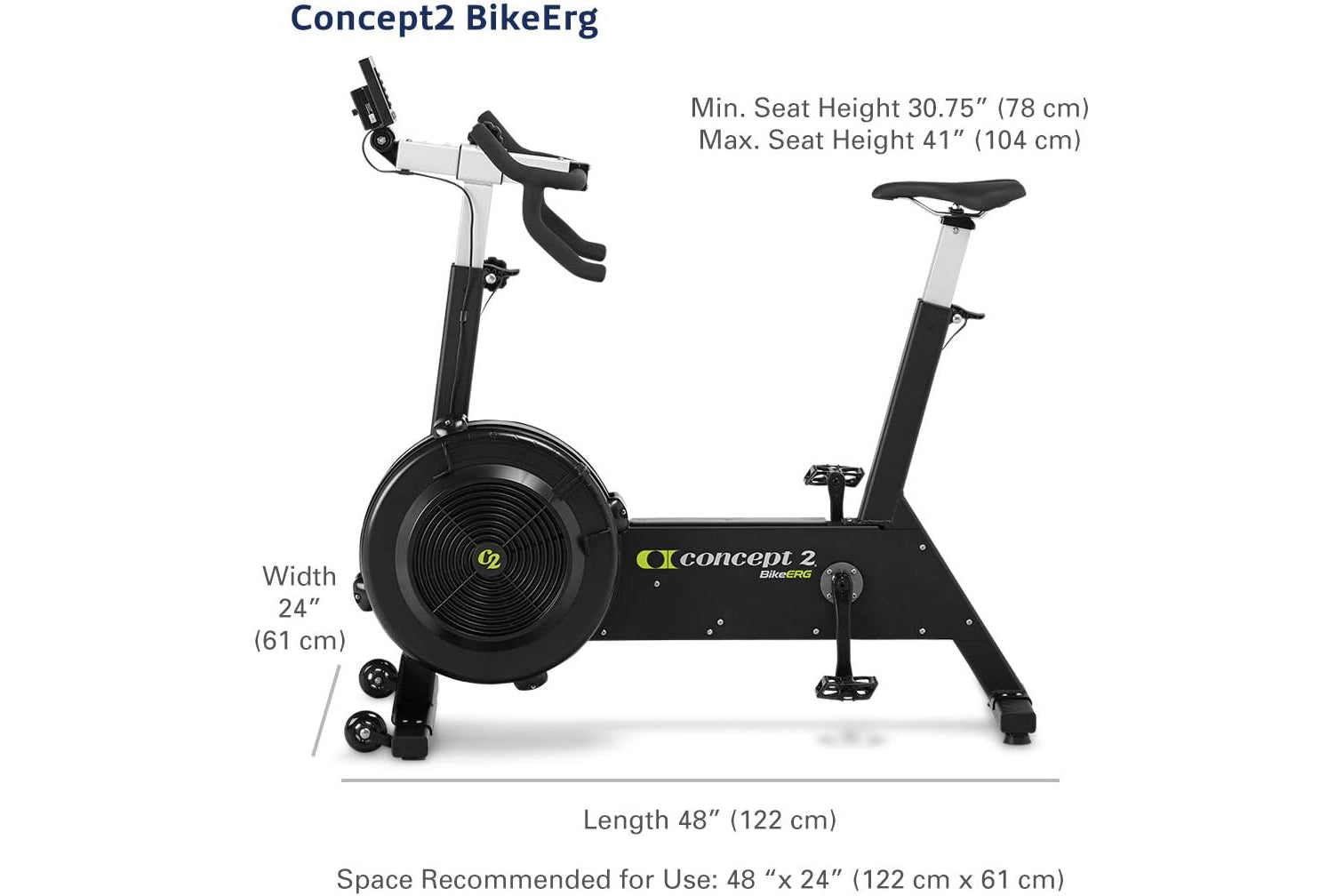 Concept2 BikeErg stationary exercise bike with black frame, white handlebar stem, black handlebars, and black seat on white b