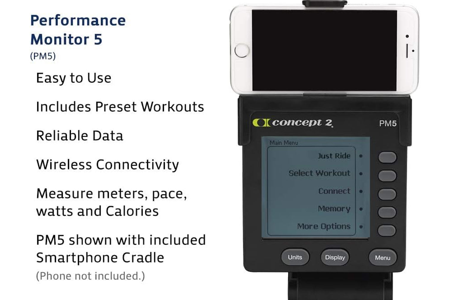 Concept2 PM5 Performance Monitor black wireless device with blue display screen and control buttons, shown with white smartph