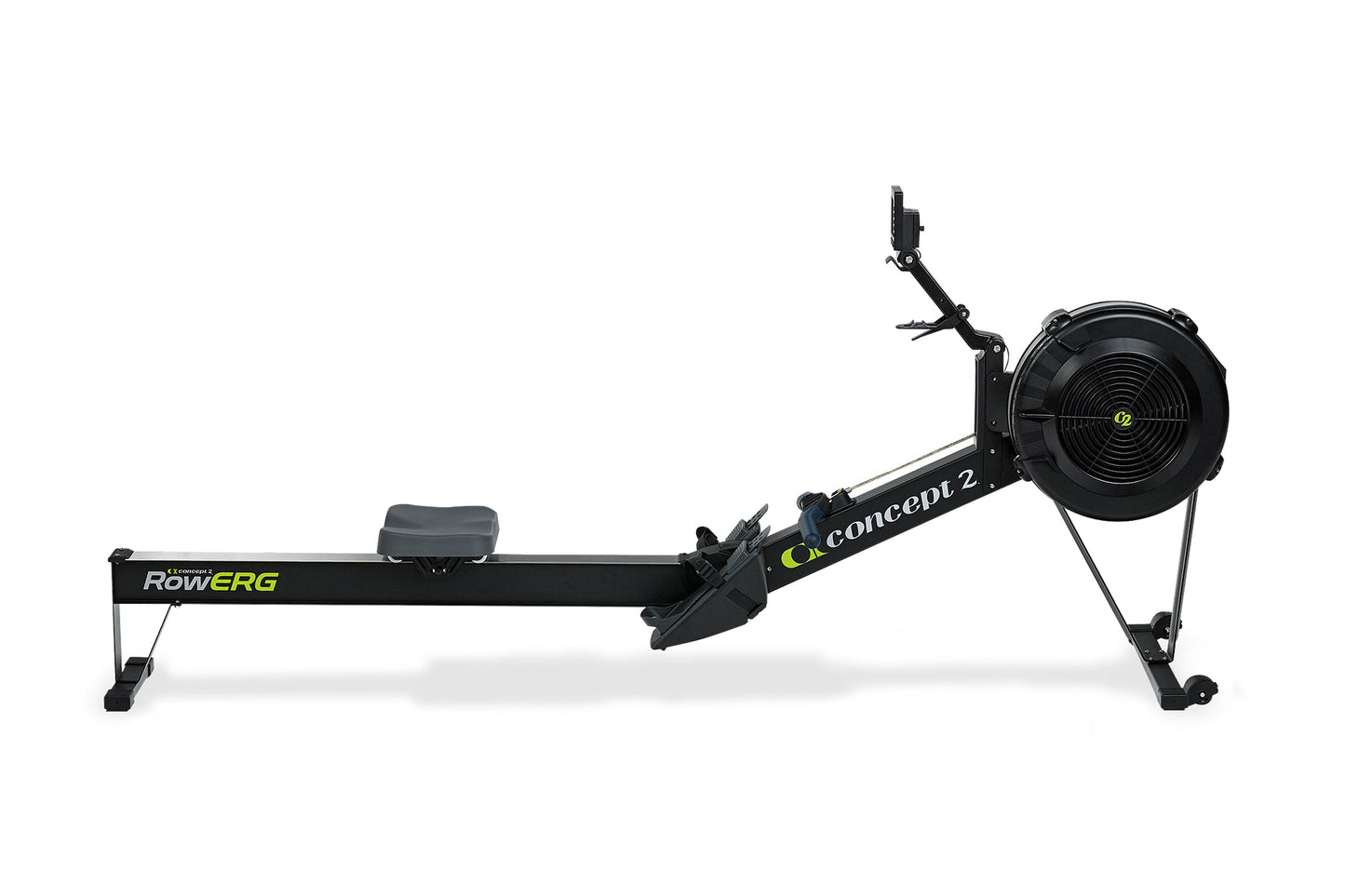 Concept2 RowErg indoor rowing machine with black frame, gray seat, and large black fan flywheel on white background