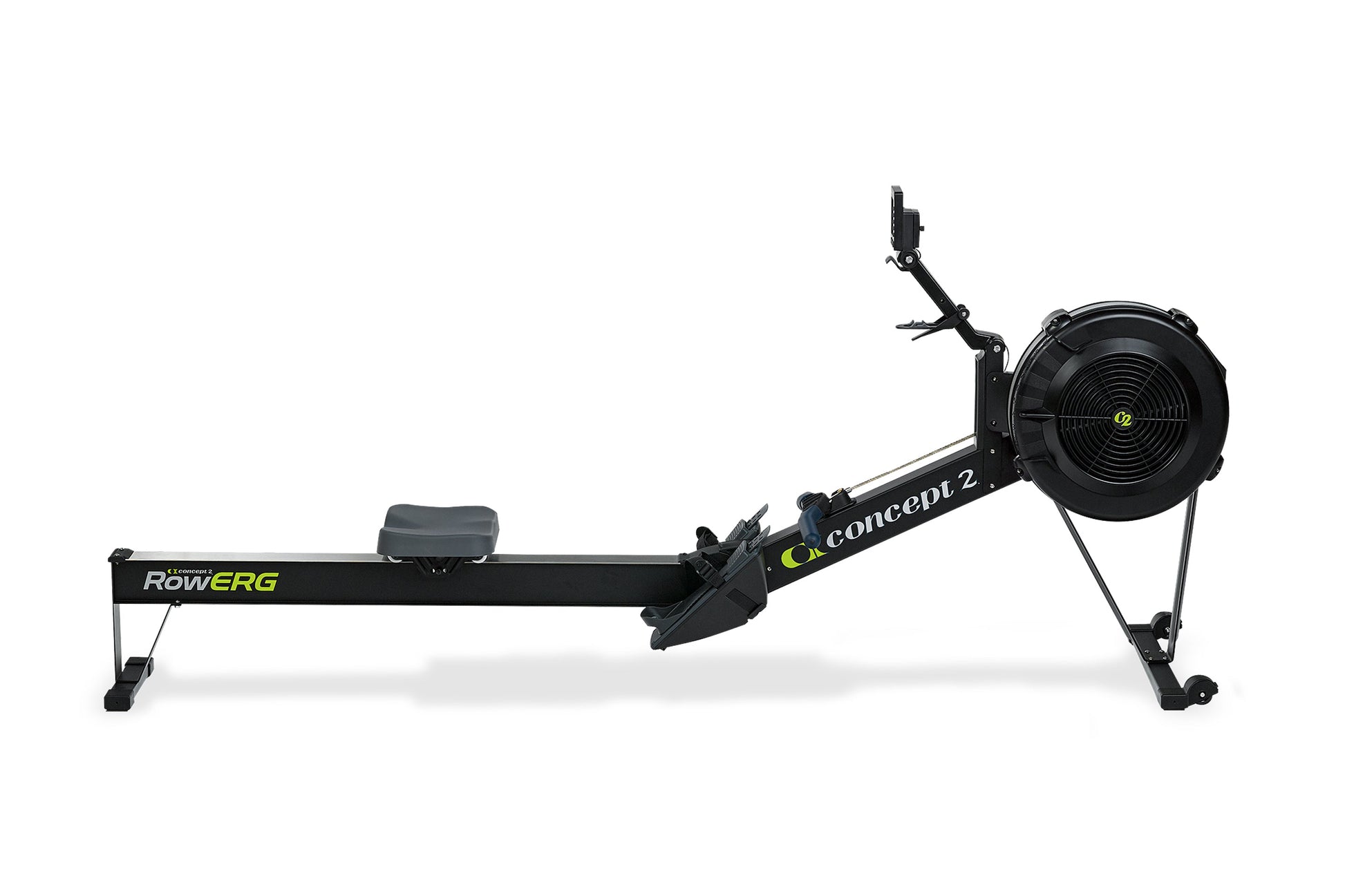 Concept2 RowErg indoor rowing machine with black frame, gray seat, and large black fan flywheel on white background