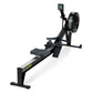 Black Concept2 RowErg rowing machine with digital monitor, black seat and foot pedals, on white background