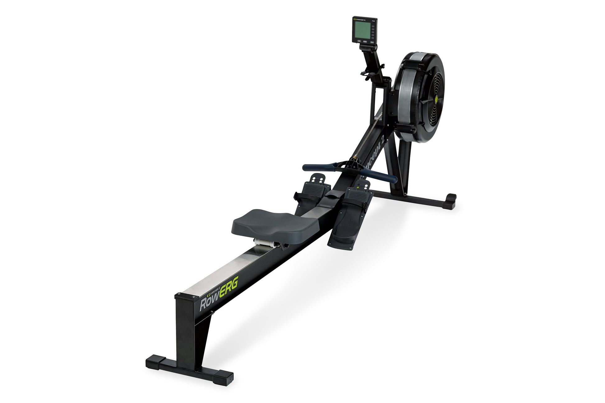 Black Concept2 RowErg rowing machine with digital monitor, black seat and foot pedals, on white background