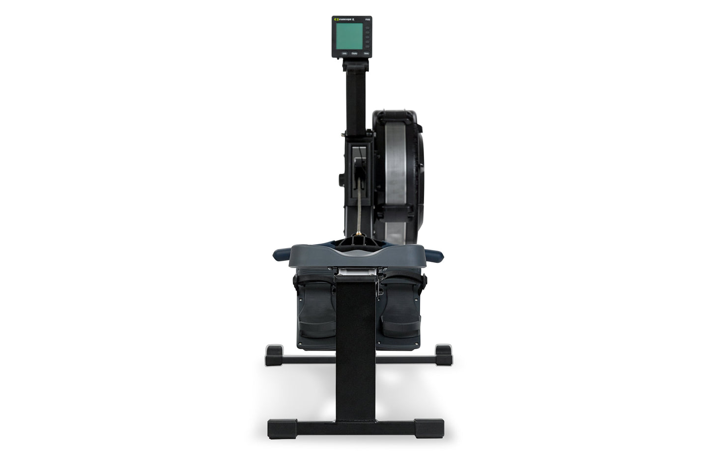 Black Concept2 RowErg indoor rowing machine with digital monitor, gray seat, and foot pedals on white background
