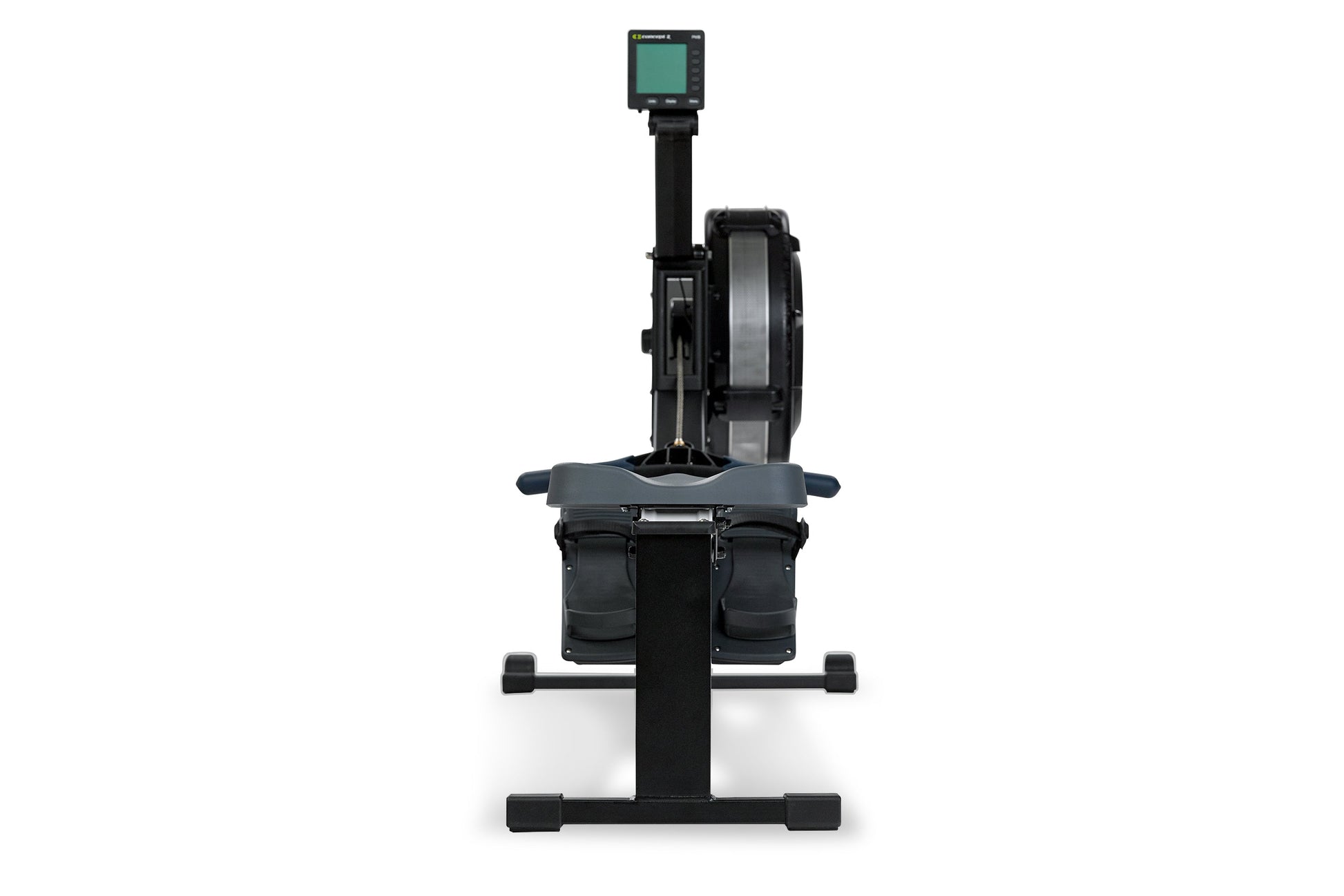 Black Concept2 RowErg indoor rowing machine with digital monitor, gray seat, and foot pedals on white background