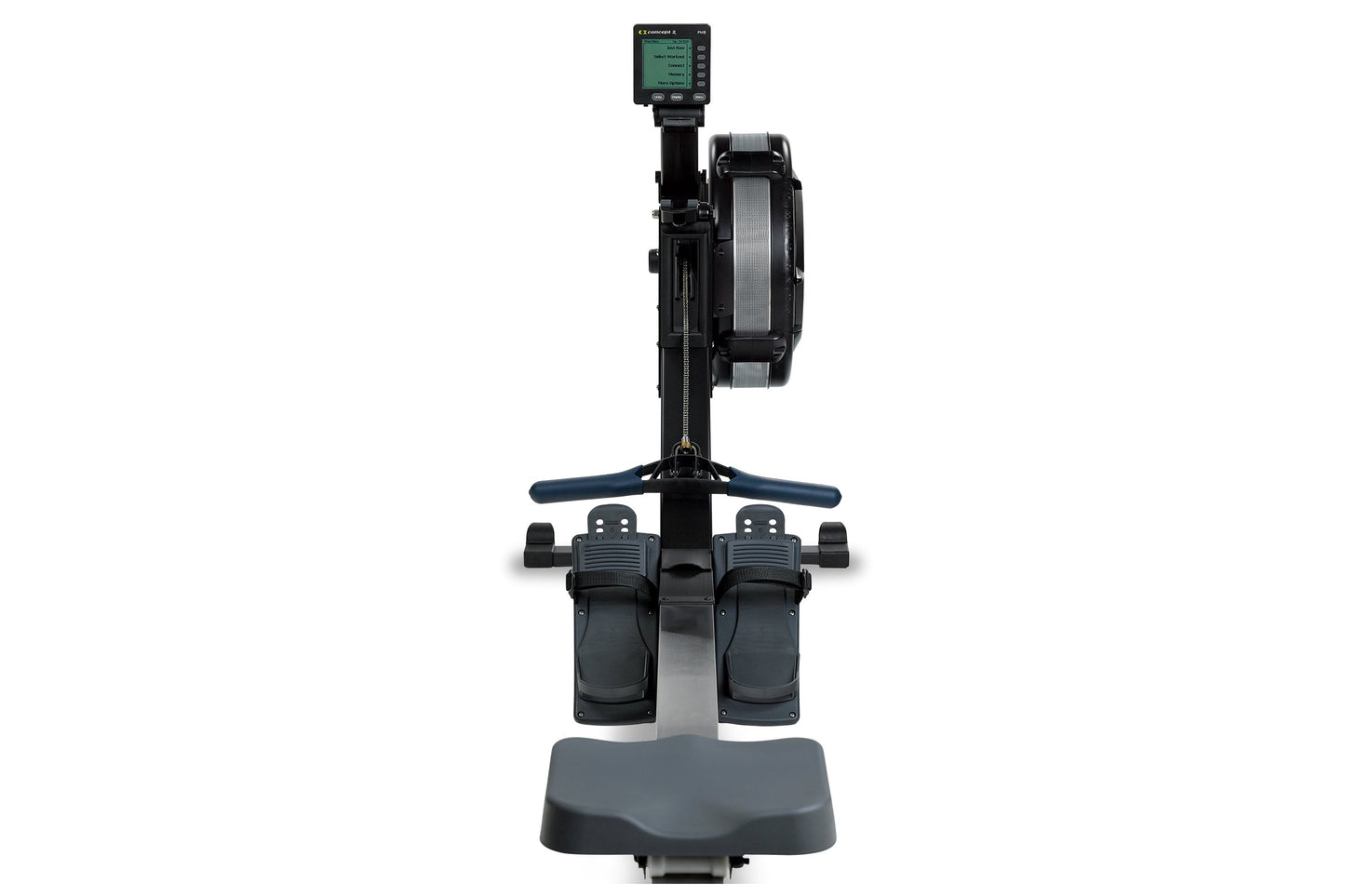 Concept2 RowErg black rowing machine with digital monitor, dual footrests, and handlebar on white background