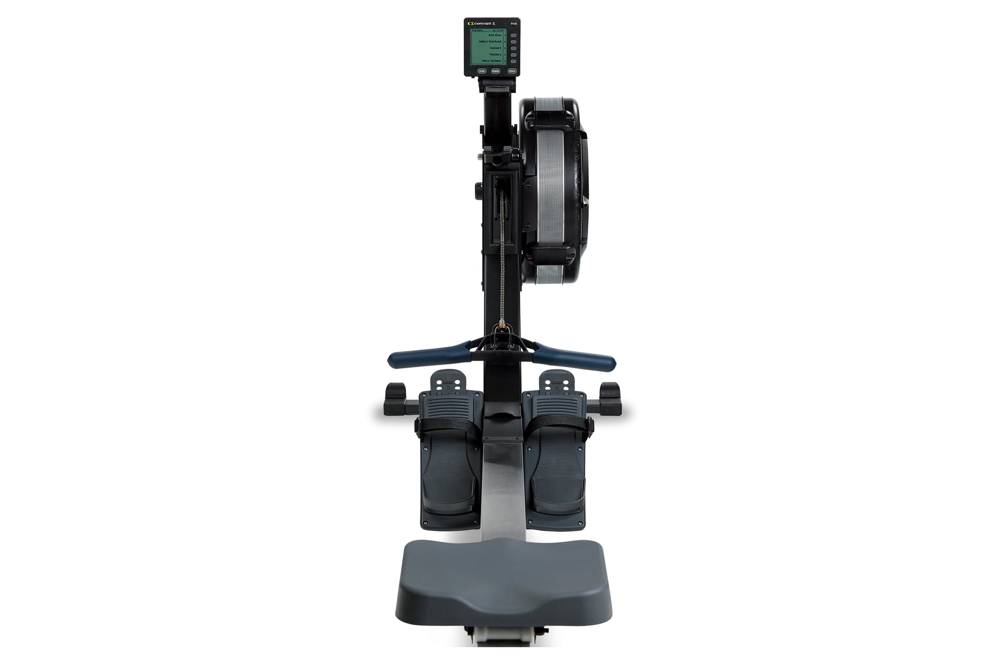 Concept2 RowErg black rowing machine with digital monitor, dual footrests, and handlebar on white background