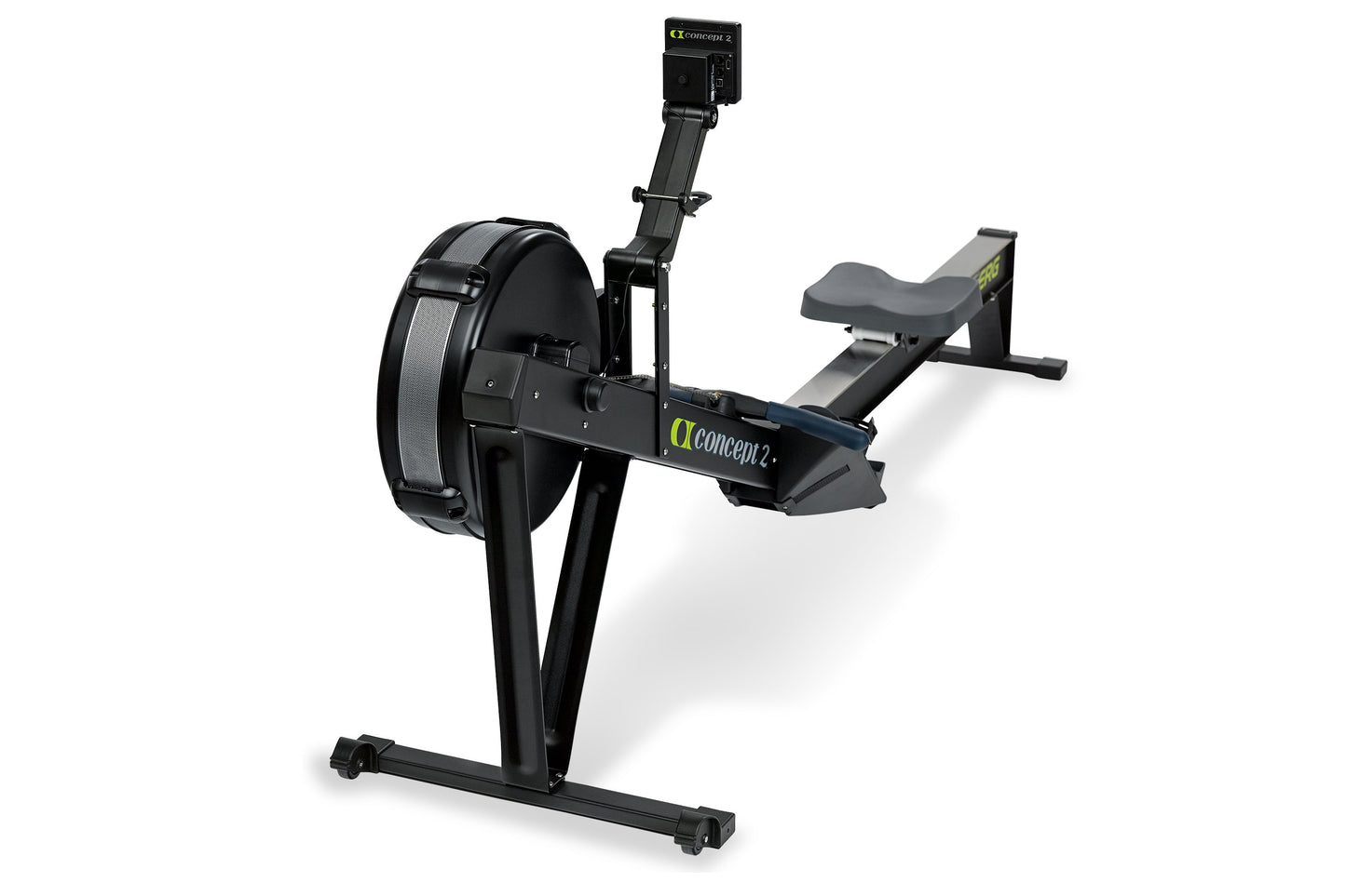 Concept2 RowErg black indoor rowing machine with large flywheel, digital monitor, and padded seat on white background