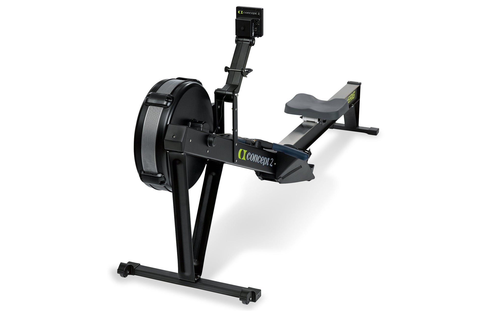 Concept2 RowErg black indoor rowing machine with large flywheel, digital monitor, and padded seat on white background