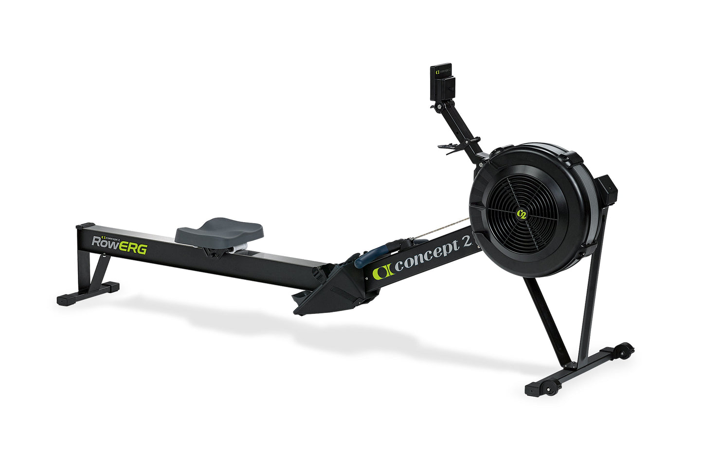 Concept2 RowErg black indoor rowing machine with large fan wheel and foot pedals on white background