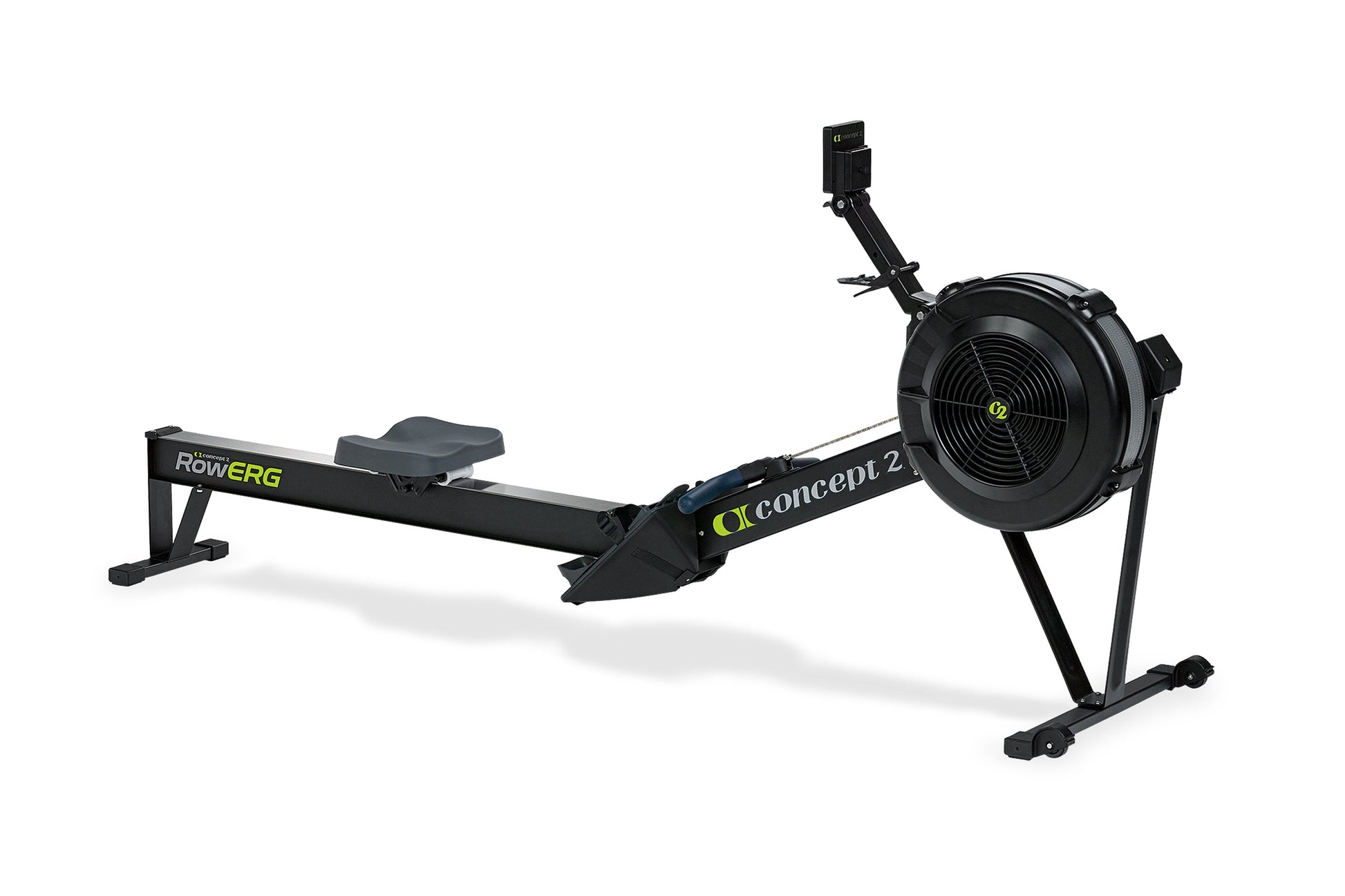 Concept2 RowErg black indoor rowing machine with large fan wheel and foot pedals on white background