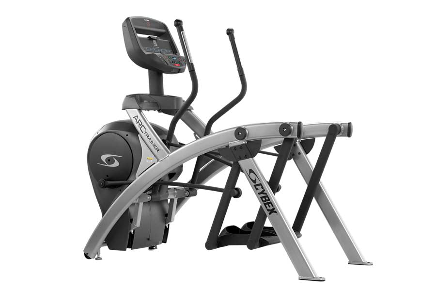 Cybex 525AT Total Body Arc Trainer elliptical with gray and black frame, digital console, and dual moving handlebars on white