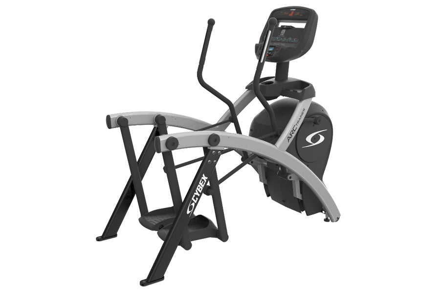 Black and gray Cybex 525AT Arc Trainer elliptical machine with digital console and dual handlebars on white background