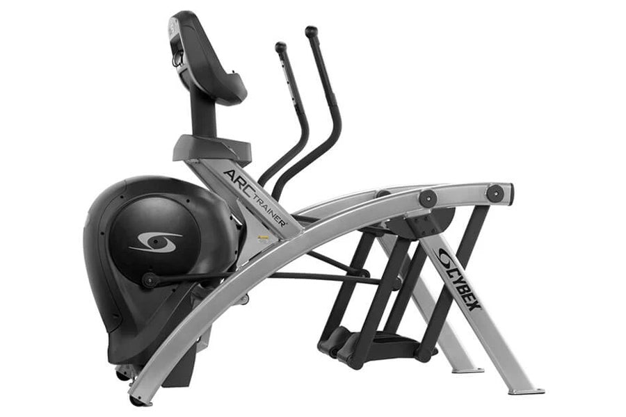 Cybex 525AT arc trainer with black seat and console, silver frame, and dual handles on white background