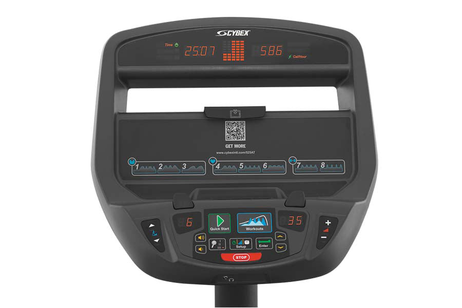 Cybex 525AT black elliptical machine console displaying time, calories, and resistance level with red LED readout and control