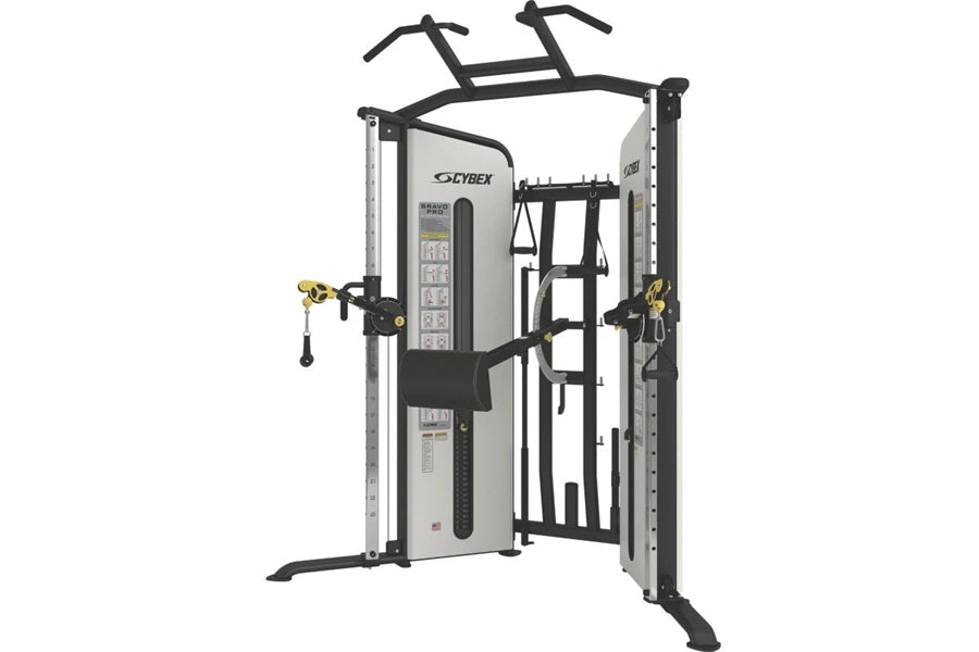 Cybex Bravo advanced functional trainer with dual weight stacks, black and silver frame, cable handles, and digital display p