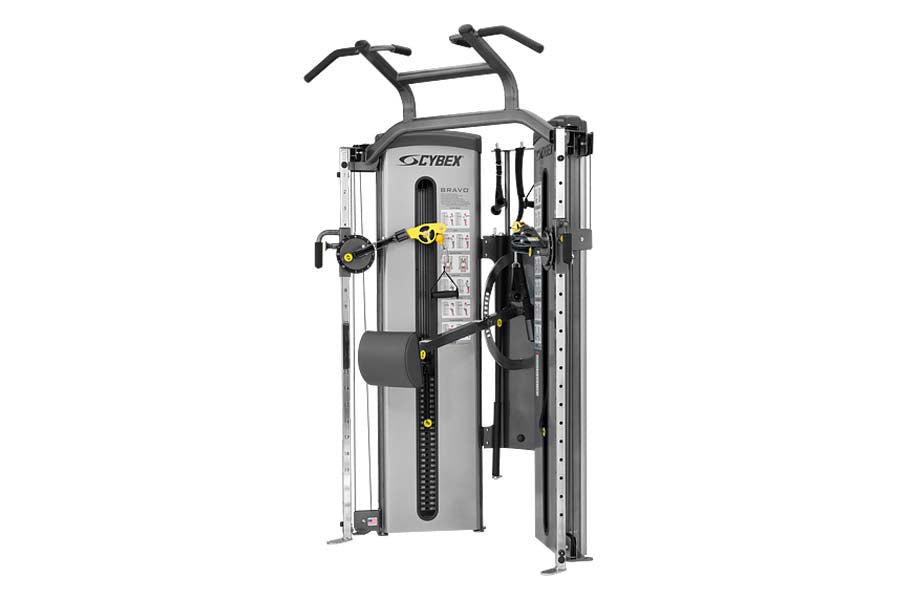 Cybex Bravo Advanced Functional Trainer with dual cable stations, black handles, and gray frame on white background