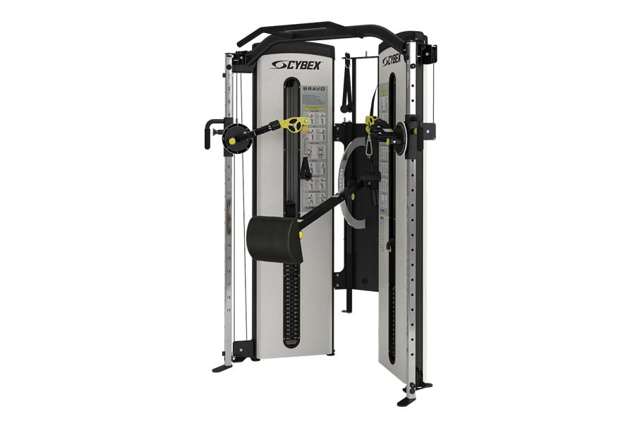 Cybex Bravo Advanced Functional Trainer with dual cable towers, black handles, and yellow accents on white background