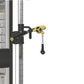 Black and yellow pulley attachment mounted on Cybex functional trainer frame with cable and weight stack visible