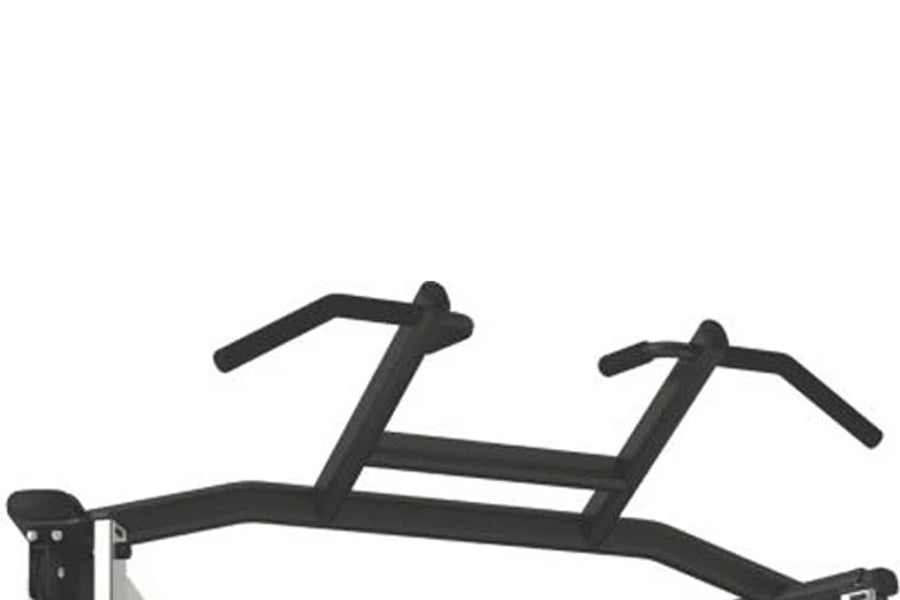 Black functional trainer with dual handles and curved frame on white background
