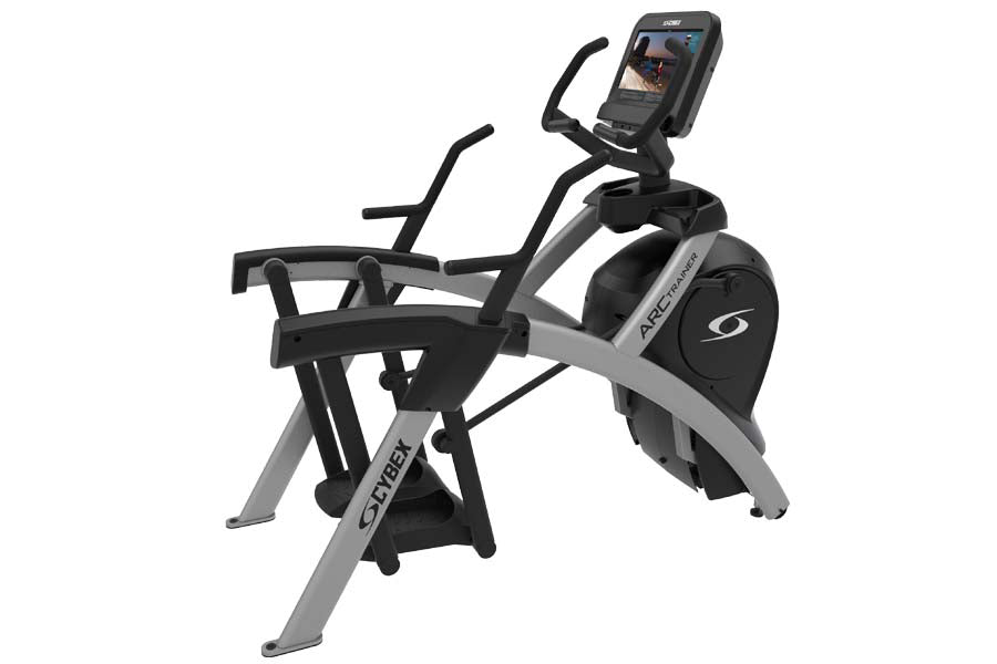 Cybex R Series Arc Trainer with black pedals and handles, gray frame, digital display screen, on white background