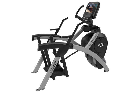 Cybex R Series Arc Trainer with black pedals and handles, gray frame, digital display screen, on white background
