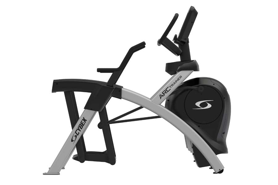 Cybex R Series lower body arc trainer elliptical with gray frame, black seat and handles, on white background