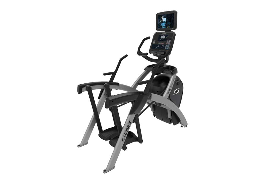 Cybex R Series lower body arc trainer elliptical with black seat and handles, gray frame, digital console mounted on top, on 