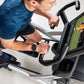 Man in blue shirt using black and silver elliptical trainer with digital display screen showing workout metrics