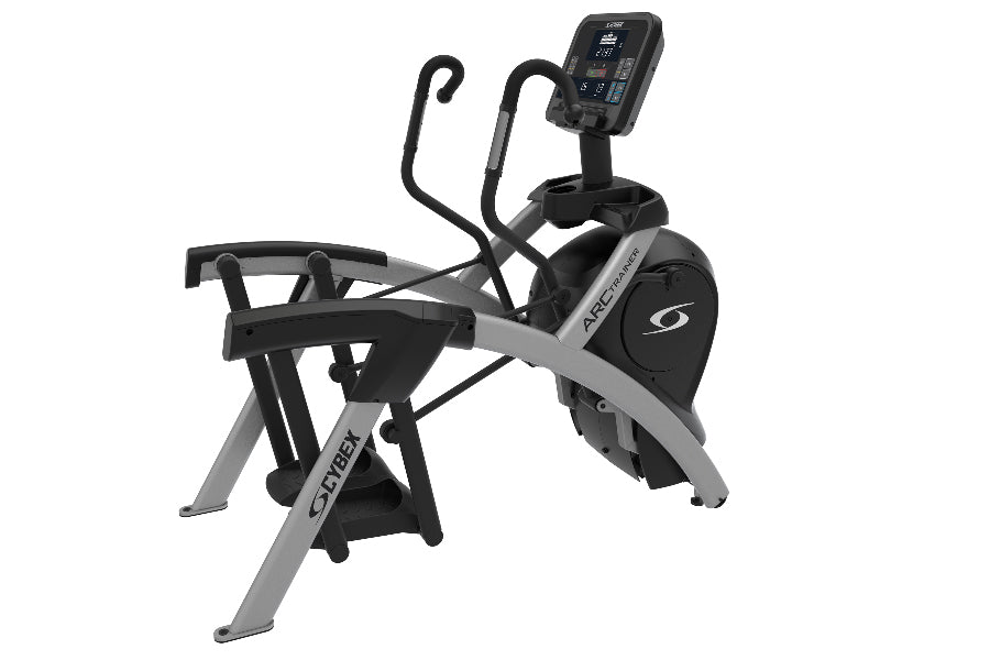 Black and gray Cybex R Series Total Body Arc Trainer with digital console display and dual moving arms on white background