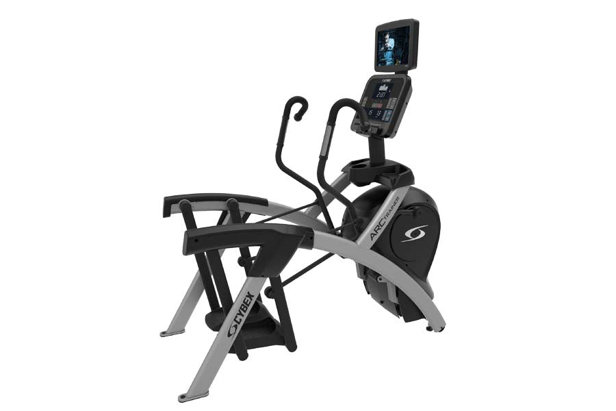 Cybex R Series Total Body Arc Trainer with black and gray frame, dual handles, footrest, and digital display console mounted 