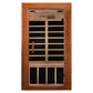 Hemlock wood infrared sauna with double glass doors, horizontal wood slats, control panel at top, and lower bench seating are