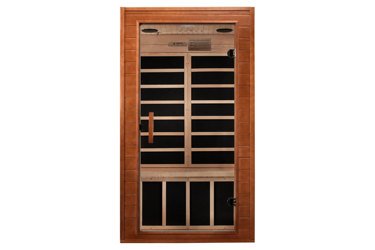 Hemlock wood infrared sauna with double glass doors, horizontal wood slats, control panel at top, and lower bench seating are