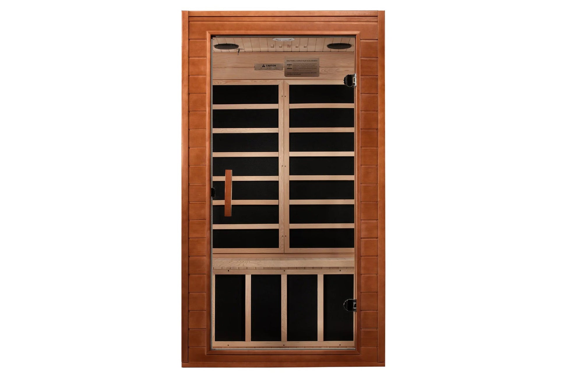 Hemlock wood infrared sauna with double glass doors, horizontal wood slats, control panel at top, and lower bench seating are