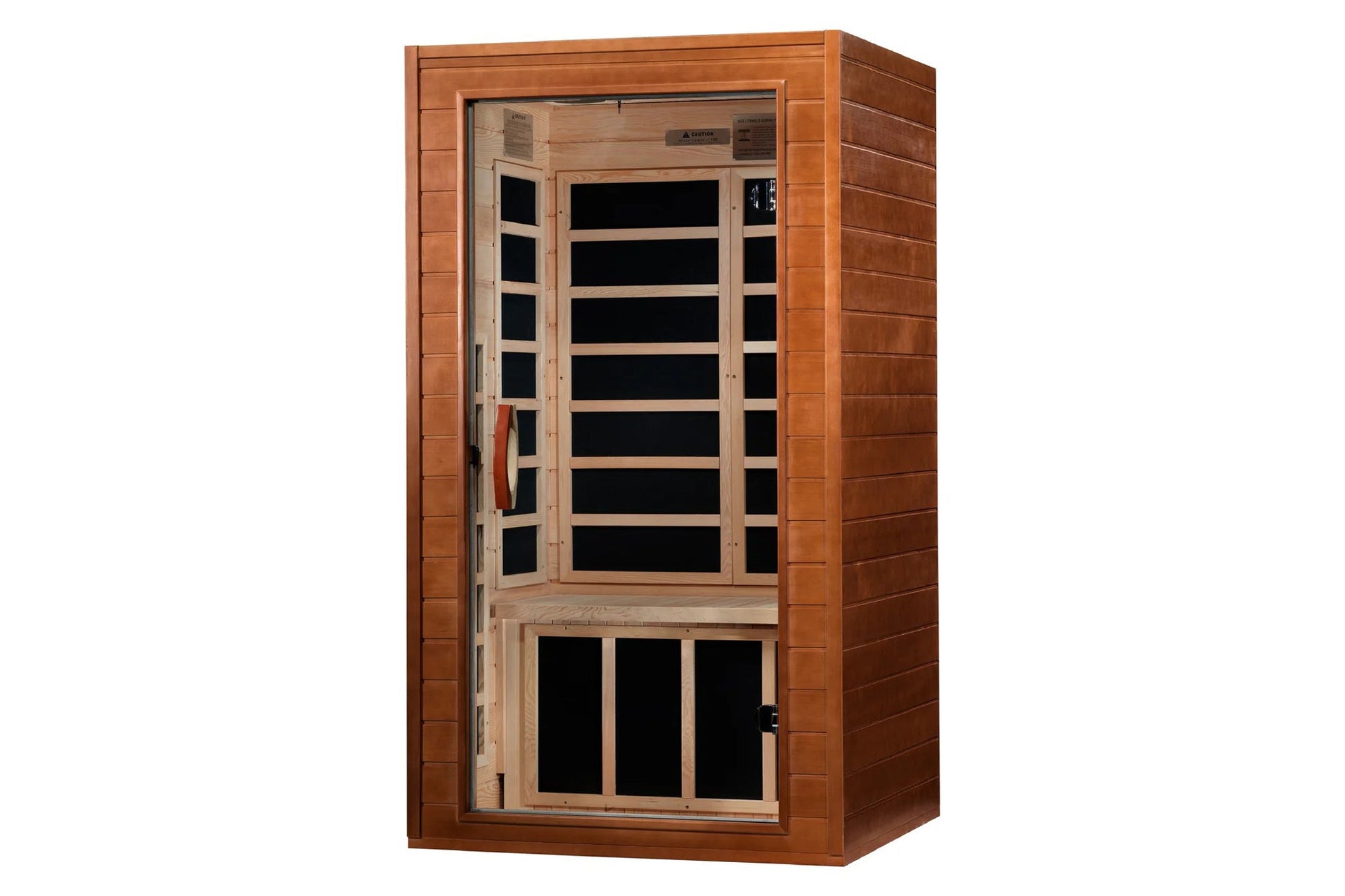 Hemlock wood sauna cabin with glass door and infrared heating panels visible inside, on white background