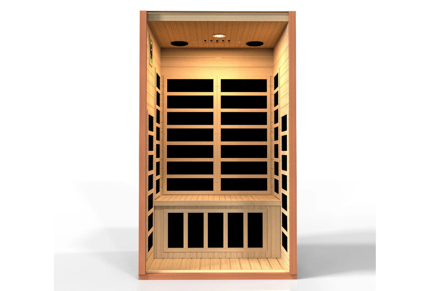 Dynamic Avila Elite far infrared sauna with hemlock wood frame, two-person capacity, featuring infrared panel windows and ben