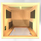 Light wood infrared sauna cabin with hemlock construction, interior view showing wooden benches, black ventilation grilles on