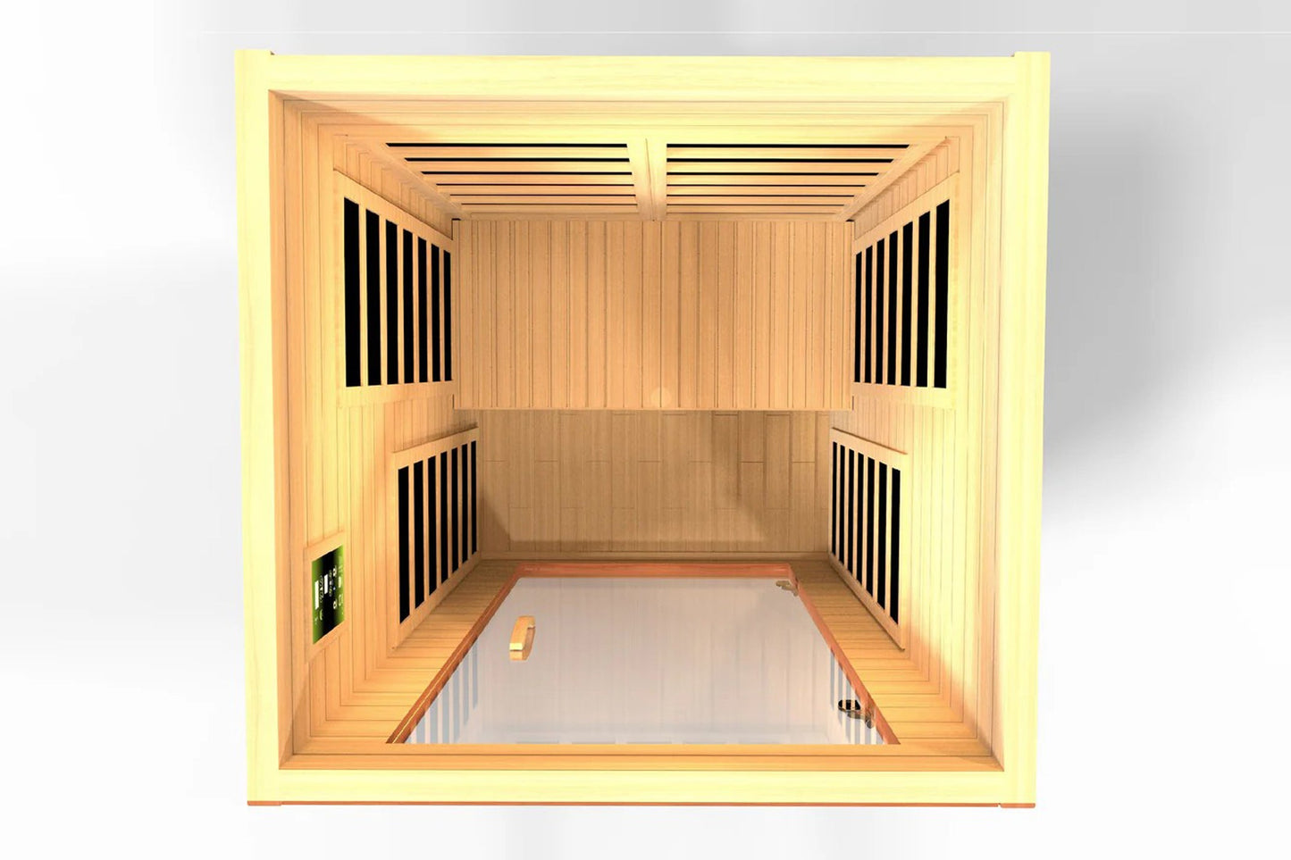 Light wood infrared sauna cabin with hemlock construction, interior view showing wooden benches, black ventilation grilles on