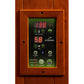 Dynamic Avila Elite sauna control panel mounted in wood frame with digital temperature display, heating controls, timer setti