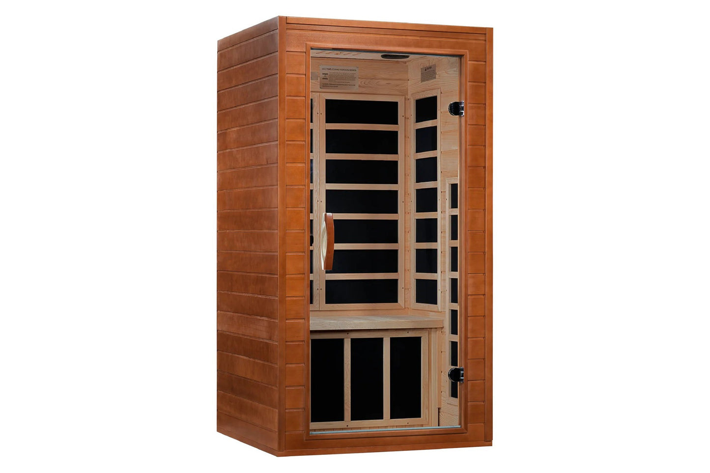 Dynamic Avila Elite far infrared sauna with hemlock wood construction, glass front door with black interior, and infrared hea
