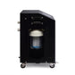 Black cold plunge machine with cylindrical water chamber visible through front window, metal handles, side vents, and rolling