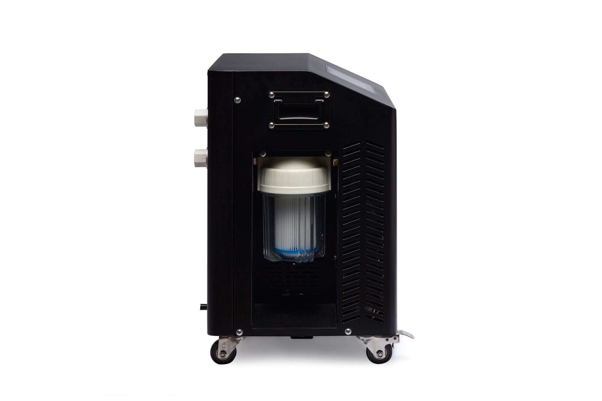 Black industrial machine with a transparent front panel