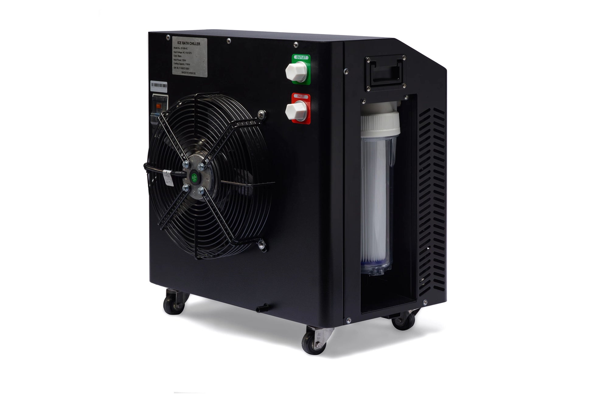 Black ice bath chiller unit with large cooling fan, control buttons, water chamber, and casters on white background