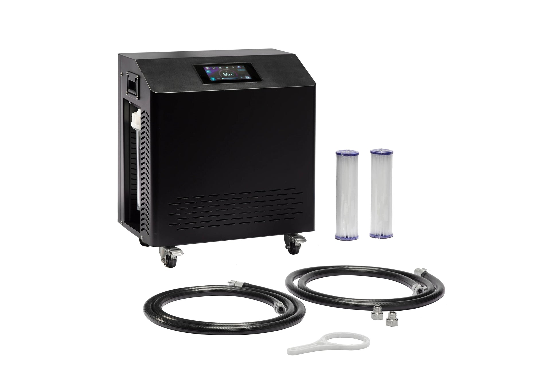 Black portable cold plunge machine with digital display, two replacement filters, two black hoses, and white wrench accessory