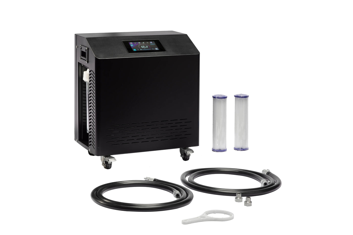 Black portable cold plunge machine with digital display, two replacement filters, two black hoses, and white wrench accessory